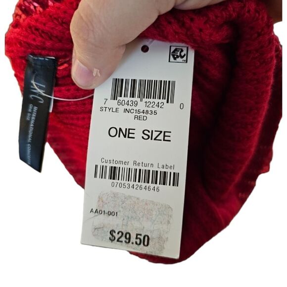 INC International Concepts Liquid Shine Pom Pom Red Knit Beanie - Picture 3 of 4